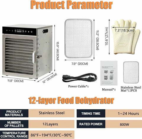 Heavy Duty Twelve Tray Food Dehydrator Featuring Locked In Temperature And Timer Settings For Crispy Fruit Tender Jerky Homemade Dog Treats And Easy Snacking with stainless steel design and accessory layout.