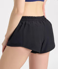 Back view of Women's Running Shorts With Zip Pocket And Built In Liner, Quick-Dry Lightweight Two Point Five Inch Inseam, Low Rise Gym Yoga Athletic Shorts For Running Training And HIIT, Breathable Sweat-Wicking Black.
