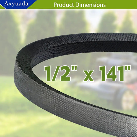Close-up of Beefy Deck Belt For 48 Inch Riding Mowers Replacement One Half Inch By 141 Inch Fits John Deere, belt dimensions shown