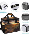 Desert Sunset Cactus Cooler Bag Insulated Lunch Box with detachable padded handle, double zippers, side pockets, and inner pocket.
