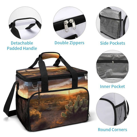 Desert Sunset Cactus Cooler Bag Insulated Lunch Box with detachable padded handle, double zippers, side pockets, and inner pocket.