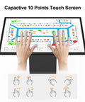 Hands interacting with capacitive 10 points touch screen on 43 Inch Interactive Touch Screen Kiosk Running Windows Os Platform With Straight Up 10 Point Pc ap.