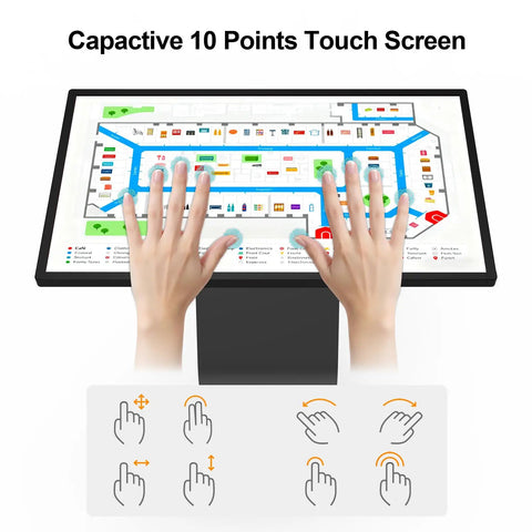 Hands interacting with capacitive 10 points touch screen on 43 Inch Interactive Touch Screen Kiosk Running Windows Os Platform With Straight Up 10 Point Pc ap.