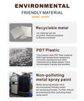 Informational image about environmental friendly materials: recyclable metal, PDT plastic, and non-polluting metal spray paint.