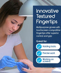 Blue nitrile-vinyl blend disposable gloves, large size, worn for manicure and nail care.