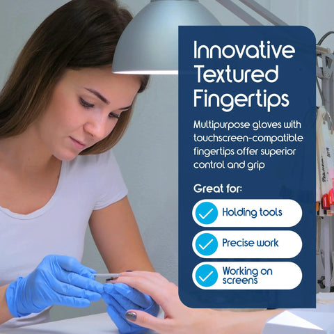 Inspire nitrile–vinyl blend exam gloves, medium, latex-free, blue disposable gloves worn during manicure (case of 1000)