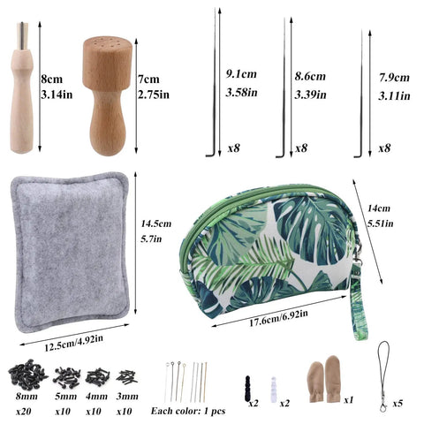 Needle Felting Starter Kit With Exquisite Green Storage Bag 18 Color Wool Roving Set Essential Felting Tools and bag sizes.