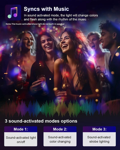 Group enjoying Two Pack Sound Activated Party Lights With Remote Control under vibrant disco ball lighting effects.