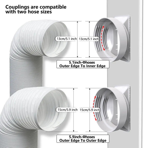 Detailed view of 5.1/5.9 inch coupler hoses for Portable AC Window Vent Kit With Adjustable 26 To 47 Inch Fit Universal Five Point One Inch And Five Point Nine Inch Coupler Weather Stripping Seals No Hassle Install For Most Portable Air Conditioners And Windows