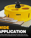 Front view of yellow 6-inch hole saw with dust bowl for drywall ceiling recessed lighting.