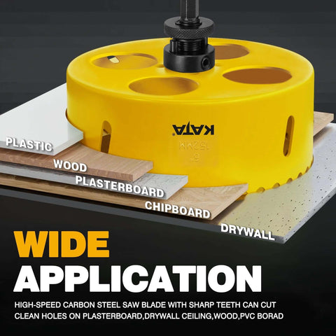 Front view of yellow 6-inch hole saw with dust bowl for drywall ceiling recessed lighting.