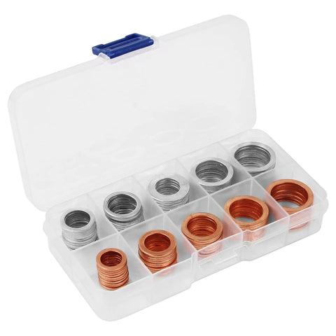 100 Piece Oil Drain Plug Crush Washer Kit Copper And Aluminum 10 12 14 16 18mm Set in open storage case