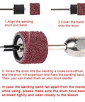 Knockout 384 Piece Sanding Drum Kit Featuring 360 Abrasive Sleeves And 24 Steel Mandrels, showing assembly instructions for sanding drum and band.