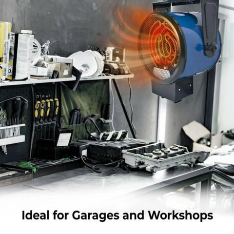Industrial Ceiling Mounted Garage Heater 5300W 240V Hard Wired Unit With NEMA 6 30R Steel Body Adjustable Thermostat Overheat Protection heating a garage workshop.