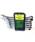 Ratcheting Spanner Set 8-19mm 10-Piece Box Wrench Kit displayed in black storage rack, seven shiny chrome wrenches visible.