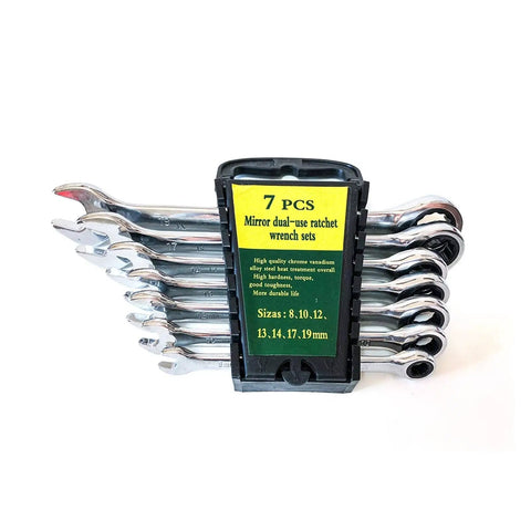 Ratcheting Spanner Set 8-19mm 10-Piece Box Wrench Kit displayed in black storage rack, seven shiny chrome wrenches visible.