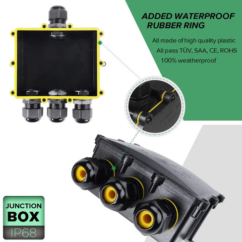 IP68 Waterproof 4 Way Junction Box Built Tough For Outdoor Use With 4 Channel Cable Connector and Lighting Connector External Coupler Cable Gland For 4-14mm Heavy Duty ABS PVC 1 Input and 3 Output Screw Terminal Easy Install