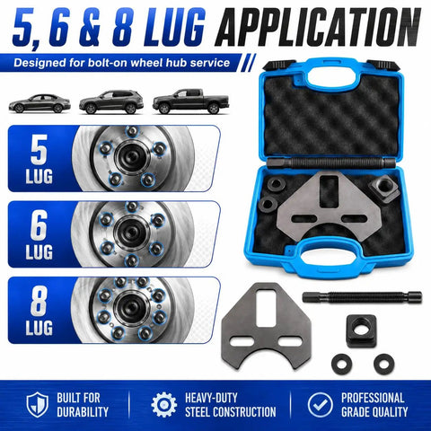 Shop Grade Wheel Bearing Hub Removal Tool And Puller For 5 6 8 Lug Setups with heavy-duty steel components in blue case.