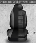 Neoprene Front Seat Covers for Trucks SUVs Vans, Waterproof, Airbag Compatible, High Back Bucket Seats, Universal Fit, Black and Gray, Dope Upgrade, 2 Piece Front Seat Cover Set showing half-installed cover on a seat against a concrete backdrop.