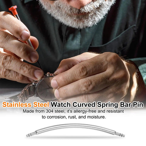 Man using a tool to install Ten Piece Curved Spring Bar Watch Band Pins Fits 30mm Straps With 1.5mm Diameter.