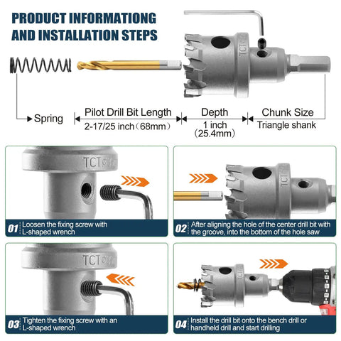 Heavy Duty Tungsten Carbide Hole Saw Kit 18 Piece Set installation steps with drill bit and wrench
