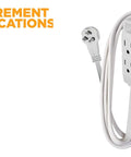 Image showing Slimline Flat Plug Extension Cord 6 Foot 16 Gauge 3 Conductor 3 Outlet Indoor White Wall Saver with measurement specs.
