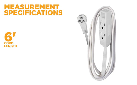 Image showing Slimline Flat Plug Extension Cord 6 Foot 16 Gauge 3 Conductor 3 Outlet Indoor White Wall Saver with measurement specs.