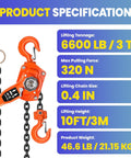 Beefy 6600 Lbs Capacity Lever Chain Hoist With 10 Ft Chain Come Along Double Pawl Brake Product Specification Chart