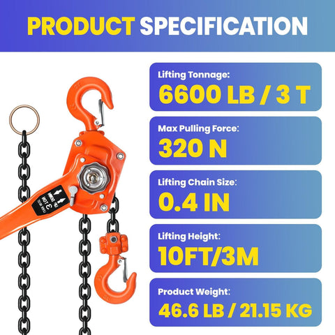 Beefy 6600 Lbs Capacity Lever Chain Hoist With 10 Ft Chain Come Along Double Pawl Brake Product Specification Chart