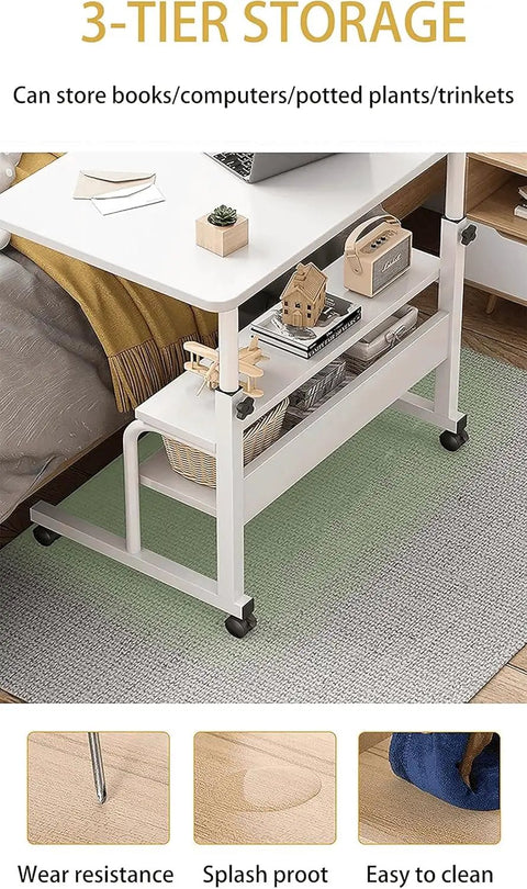 Height Adjustable Mobile Computer Desk With Wheels For Small Spaces and Corner Setup, showing 3-tier storage shelves.