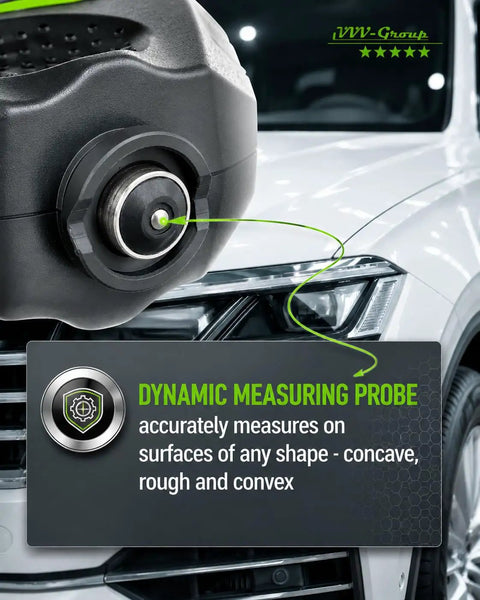 Hardcore Car Paint Thickness Gauge With Digital Coating Meter, 0.1 Micrometer Resolution, 0 to 1500 Micrometer Range, Auto Fe NFe Detection, Backlit LCD, High Accuracy for Detailing and Used Car Inspections, probe on car panel