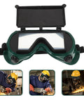 Kickass Dual Flip Up Welding Goggles Built Tough As Nails With Impact Resistance Square Vents For Heavy Duty Industrial Eye Protection Dustproof Shield Two Pack Safety Specs, front view with open flip up lens.