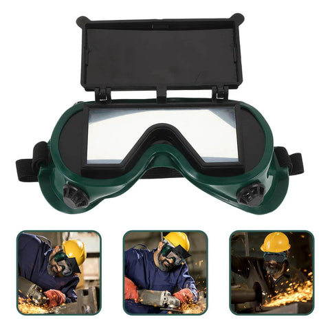 Rock Solid Industrial Welding Goggles Flip Up Safety Glasses with impact tough lenses and dustproof shield view from the front.