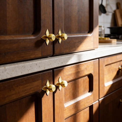 Solid Brass Gold Cabinet Knobs 4 Pack With Star Backplates on kitchen cupboards