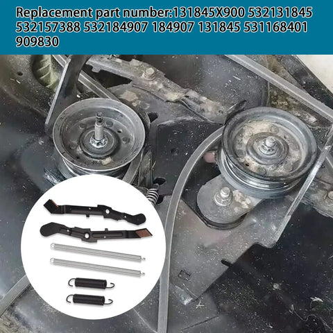 Deck Blade Brake Arm Assembly with springs replacement 532184907 184907 installed on a lawn tractor deck for Husqvarna Craftsman