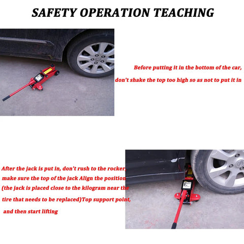 Red floor jack positioned under car showing Safety Operation Teaching with Beefy Heavy Duty Jack Handle Extension for Hydraulic Bottle Jacks With No Slip Sleeve, Easy Install Replacement Accessory for Your Car Lift, 12T-16T, Fits Floor Jacks and Engine Hoists, Solid Grip.