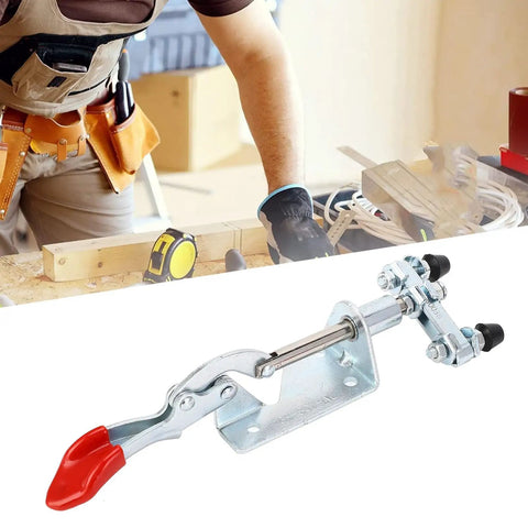 Rock Solid Dual Head Push Pull Toggle Clamp Featuring Quick Release Action With Red Pvc Grip Handle And Galvanized Steel Body Delivering Knockout 30Mm Stroke And Pro Level Clamping Force For Tough Workshop Jobs