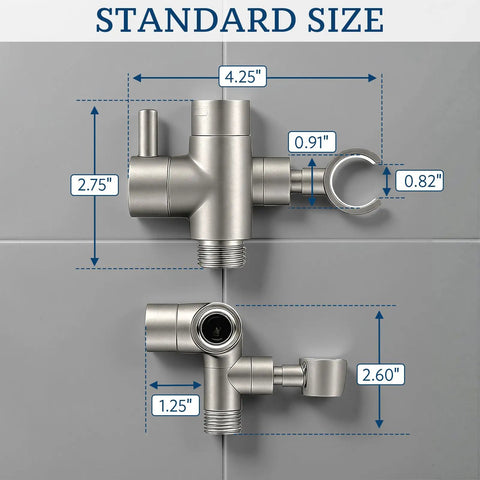 Solid Metal Shower Arm Diverter With Holder For Handheld And Fixed Shower Heads 3 Way Universal Diverter System dimensions