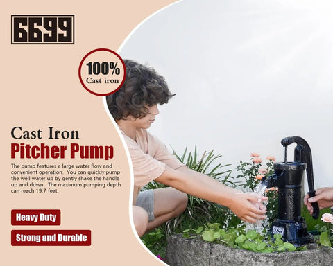 Durable Cast Iron Pitcher Pump Manual Hand Crank Suction Water Transfer Pump For Outdoor Garden Pond Backyards 25 Foot Lift Easy Install Antique Style Well Pump Black shown in use