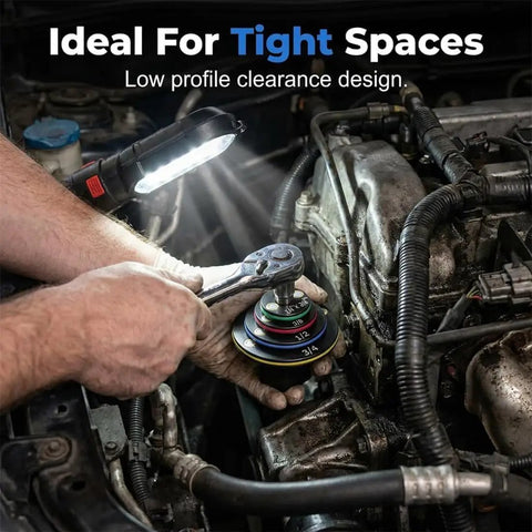 Ultra-Low Profile Impact Socket Adapter Set With 4 Pieces Magnetic Ratchet Tools For Tight Spaces And Stubby Socket Conversion From 14 To 34 Drive Sizes Making Your Repair Job A Total Win With Precision Engineering, used in engine bay