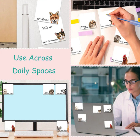 9 Pack Cute Sticky Note Pads With Funny Animal Puns Hand Drawn Style Notepads for office and school use on laptop and desk