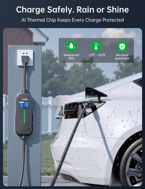Tesla Level 1 To 2 EV Charger With Adjustable Current Delay Charge And Smart Display connected to car in rain, outdoor use.
