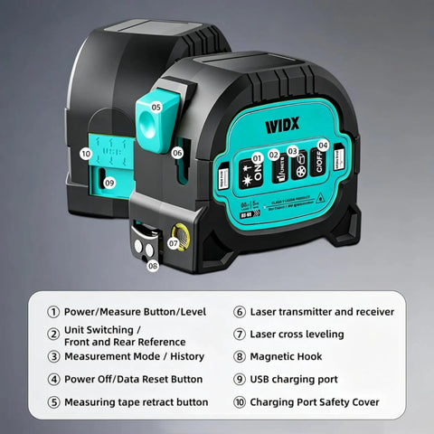 3-In-1 Laser Tape Measure With Cross Line, 196ft Rangefinder, 16ft Auto-Lock Magnetic Tape, Converts Inches Feet Meters And Linear Area Volume For DIY Pros, Woodworking And Construction Layouts, front view