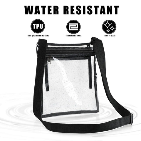 Water-resistant clear bag for stadium events see through purse for women transparent tote with inner pocket, black strap