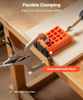 Lightweight Pocket Hole Jig Kit With One Half Inch To One And A Half Inch Adjustable Depth Dust Collection Adapter shown with detachable guide block clamped on woodwork project.