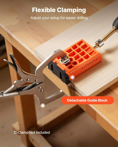 Lightweight Pocket Hole Jig Kit With One Half Inch To One And A Half Inch Adjustable Depth Dust Collection Adapter shown with detachable guide block clamped on woodwork project.