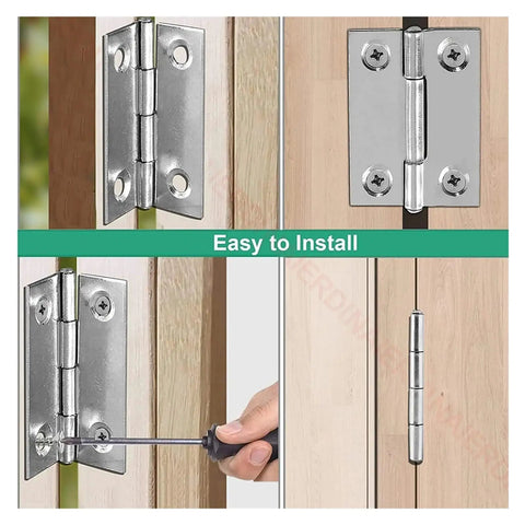 Close-up of Ten Pack 1.5 Inch Stainless Steel Butt Hinges for cabinet and small box doors, showcasing easy installation and rotation.