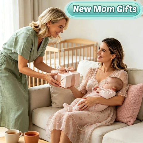 Two women, one holding a baby, exchanging a gift labeled 'New Mom Gifts' in a cozy, well-lit living room.