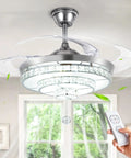 Crystal Ceiling Fan With Lights Retractable Fandelier In Modern Chrome Remote Control 3 Speeds 3 Color Temperatures