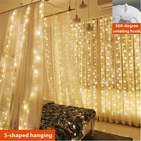 300 LED Curtain Fairy Lights With Remote 8 Modes USB Plug In Twinkle Silver Wire for bedroom, warm white glow, 9.8 x 9.8 feet